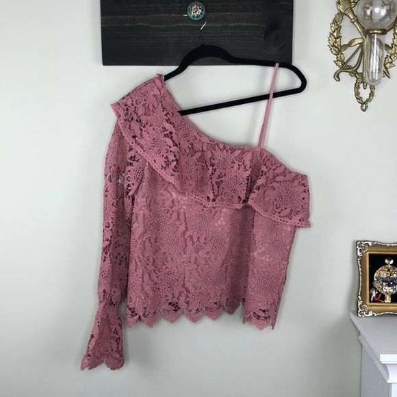 J.O.A. Pink Lace Statement One Sleeve Blouse NWT Size L - Picture 5 of 8
